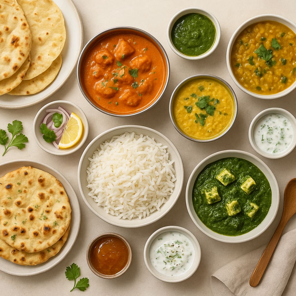 Indisches Essen mit Currys, Naan und Reis